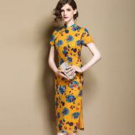 Attractive Floral Print Ramie Qipao Cheongsam Dress