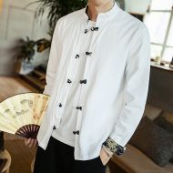 Frog Button Stand-up Collar Cotton Shirt - White
