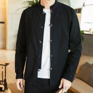 Frog Button Stand-up Collar Cotton Shirt - Black