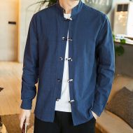 Frog Button Stand-up Collar Cotton Shirt - Blue