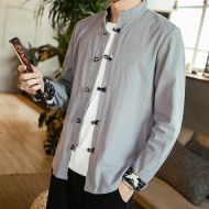 Frog Button Stand-up Collar Cotton Shirt - Gray