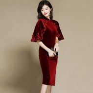 Modern Claret Velvet Qipao Cheongsam Chinese Dress