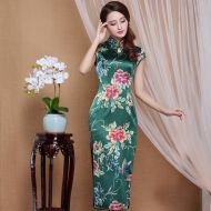 Spectacular Peony Flowers Mid-calf Qipao Cheongsam Dress - Green