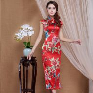 Spectacular Peony Flowers Mid-calf Qipao Cheongsam Dress - Red