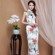 Spectacular Peony Flowers Mid-calf Qipao Cheongsam Dress - White