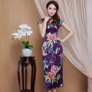 Spectacular Peony Flowers Mid-calf Qipao Cheongsam Dress - Purple