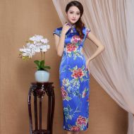 Spectacular Peony Flowers Mid-calf Qipao Cheongsam Dress - Blue