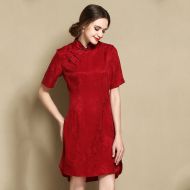 Sweet Modern Short Sleeve Qipao Cheongsam Dress - Claret