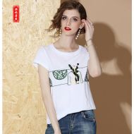 Oriental Style Embroidery White Cotton T-shirt - C