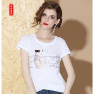 Oriental Style Embroidery White Cotton T-shirt - D