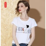 Oriental Style Embroidery White Cotton T-shirt - E