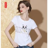 Oriental Style Embroidery White Cotton T-shirt - F