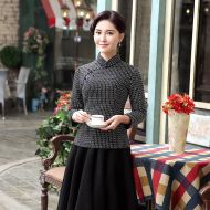 Winsome Plaid Wool Blend Qipao Cheongsam Shirt - Black