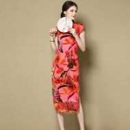 Ravishing Flocked Silk Cheongsam Qipao Dress - Orange