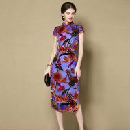 Ravishing Flocked Silk Cheongsam Qipao Dress - Blue