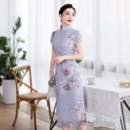 Floral Print Chiffon Qipao Cheongsam Dress - Light Blue