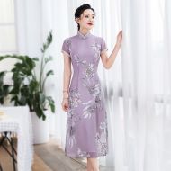 Floral Print Chiffon Qipao Cheongsam Dress - Light Purple