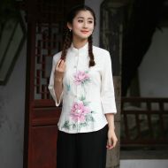 Adorable Lotus Print Frog Button Blouse - White