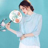 Lovable Cotton Blend Chinese Qipao Cheongsam Shirt - Blue