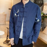 Double Swallows Embroidery Frog Button Jacket - Navy