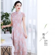 Lovable Floral Print Chiffon A-line Chinese Dress - Pink