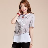 Attractive Lotus Paint Mandarin Style Blouse - Gray