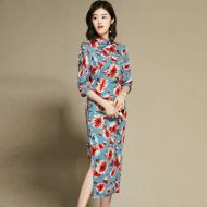 Pretty Floral Print 3/4 Sleeve Cheongsam Qipao Dress