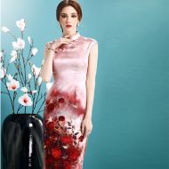 Impressive Rose Flowers Print Silk Qipao Cheongsam Dress