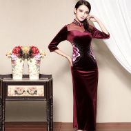 Wonderful Embroidery Velvet Cheongsam Qipao Dress - Claret