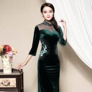 Wonderful Embroidery Velvet Cheongsam Qipao Dress - Green