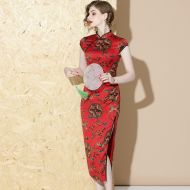 Qipao Cheongsam Chinese Dress Oriental Print - Claret