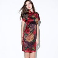 Splendid Peony Flowers Print Silk Qipao Cheongsam Dress