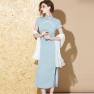 Light Blue Linen Modern Qipao Cheongsam Dress