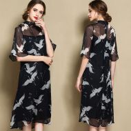 Flying Cranes Print Silk Qipao Cheongsam Style Dress