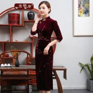 Blossom Embroidery Velvet Cheongsam Qipao - Claret