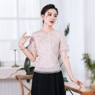 Floral Print Scoop Neck Mandarin Shirt With Lace Hem