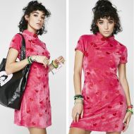 Red Love Heart Print Short Velvet Qipao Cheongsam Dress