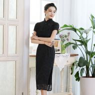Engaging Back Zip Dress Cheongsam Qipao - Black
