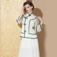 Pretty Embroidery Silk Chiffon Chinese Blouse - White