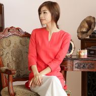 Nice V-Neck 3/4 Sleeve Mandarin Style Shirt - Red