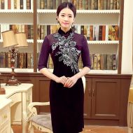 Gorgeous Beaded Embroidery Qipao Cheongsam Dress - Purple