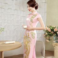 Impressive Phoenix Embroidery Qipao Cheongsam Dress - Pink