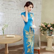Impressive Phoenix Embroidery Qipao Cheongsam Dress - Blue