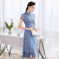 Fashionable Modern Chiffon Qipao Cheongsam Dress - Blue