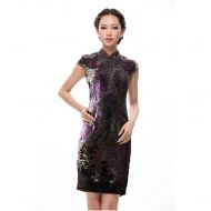 Charming Flocked Velvet Short Cheongsam Qipao Dress