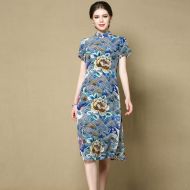 Engaging Floral Print Silk Cheongsam Qipao Dress