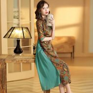 Mid-calf Paisley Print Qipao Cheongsam Dress - Blue