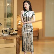 Bamboo Print Velvet Chinese Dress Qipao Cheongsam