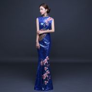 Pretty Embroidery Long Qipao Cheongsam Dress - Dark Blue