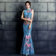 Pretty Embroidery Long Qipao Cheongsam Dress - Light Blue